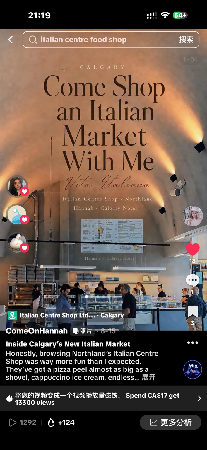 English TikTok post about Italian Centre Shop