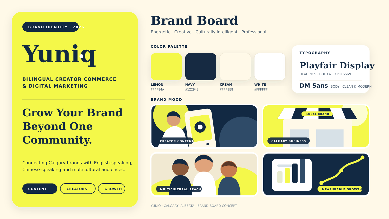 Original Yuniq brand board with lemon, navy, cream and white palette, typography and brand mood