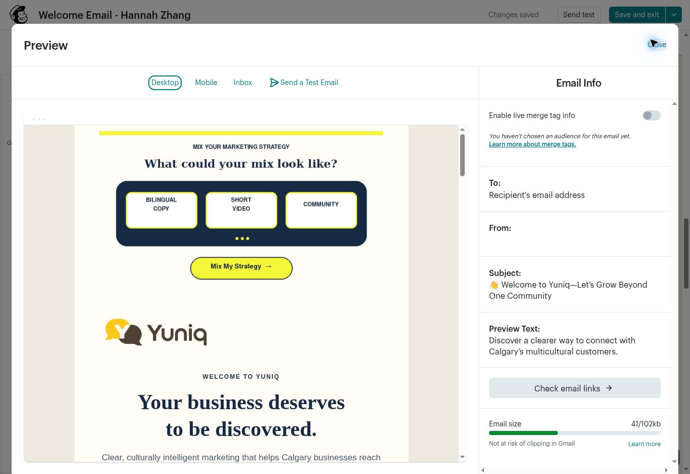 Mailchimp welcome email preview with Yuniq branding and a strategy call to action