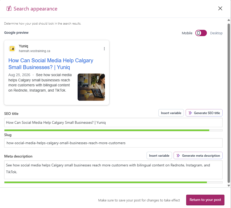 Actual Yoast SEO title, slug, meta description and mobile search appearance preview for the Yuniq article